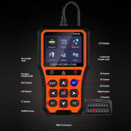 Practical Device for Everyday Car Maintenance Checks - OBD2 diagnostic scanner with LCD showing engine codes, battery, live data and connector