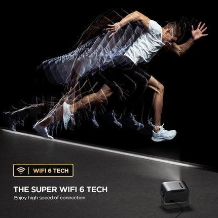 Portable Mini Projector for Home Theater with Screen Mirroring showing sporty runner motion demo with WiFi6 icon