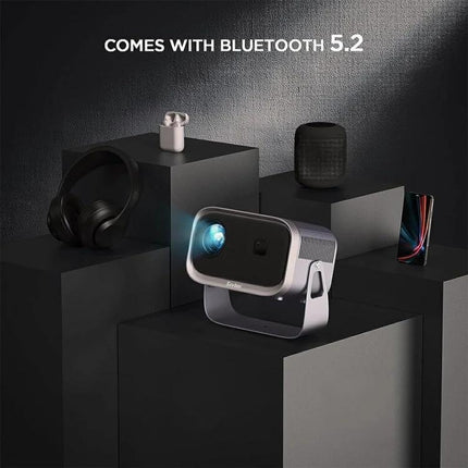 Portable Mini Projector for Home Theater with Screen Mirroring showing projector on display with Bluetooth 5.2 and phone casting