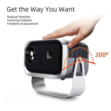 Portable Mini Projector for Home Theater with Screen Mirroring showing handheld compact projector with 200° adjustable stand for living room movie nights