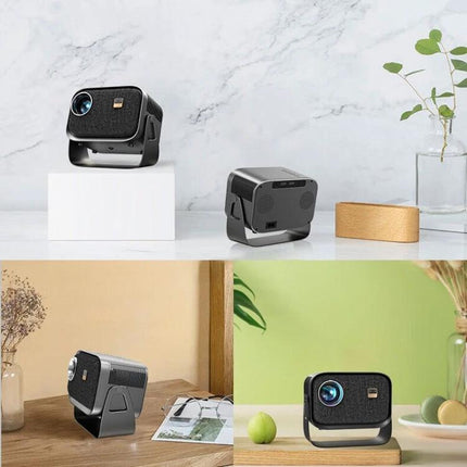 Portable Mini Projector for Home Theater with Screen Mirroring on tabletop showing 1080P portable mini projector for living room and bedroom use