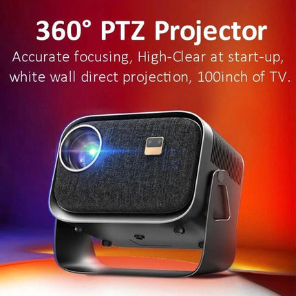 Portable Mini Projector for Home Theater with Screen Mirroring showing compact 360° PTZ design, 1080P streaming and wireless screen mirroring for movie nights