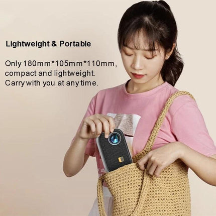 Portable Mini Projector for Home Theater with Screen Mirroring being placed into a tote by a woman showing its lightweight, compact portable size