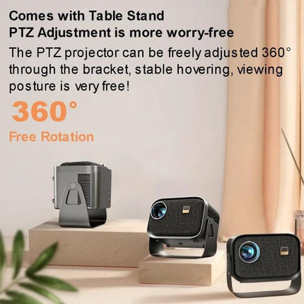 Portable Mini Projector for Home Theater with Screen Mirroring showing three units on table stands with 360° free rotation text