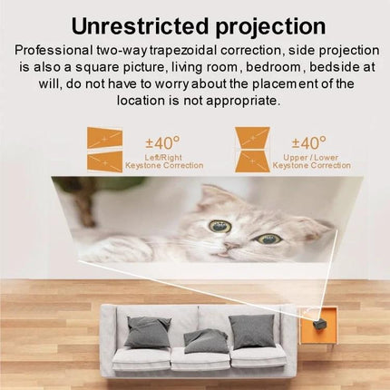 Portable Mini Projector for Home Theater with Screen Mirroring showing keystone correction and living room projection with cat image