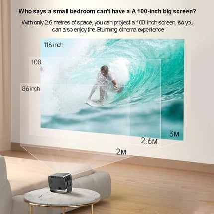 Portable Mini Projector for Home Theater with Screen Mirroring projecting 100-inch surf movie in small bedroom setup