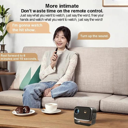 Portable Mini Projector for Home Theater with Screen Mirroring showing a woman on sofa using voice control for movie night