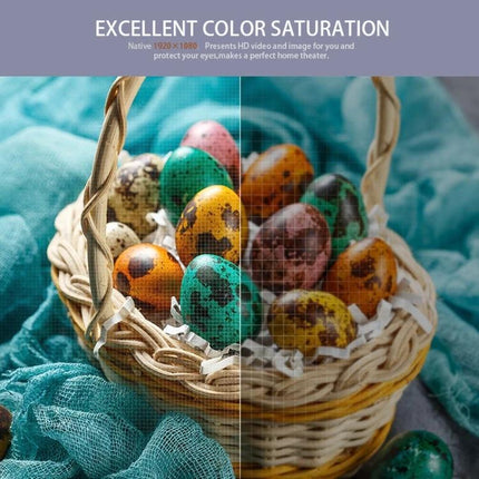 Portable Mini Projector for Home Theater with Screen Mirroring showing color saturation comparison of basket of colorful eggs on fabric
