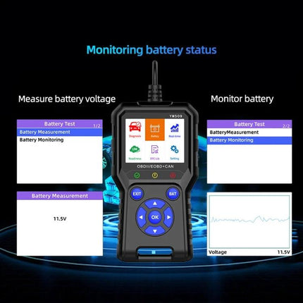 Practical Tool for Daily Car Maintenance and Roadside Checks - OBD2 scanner displaying battery measurement and diagnostics on color screen