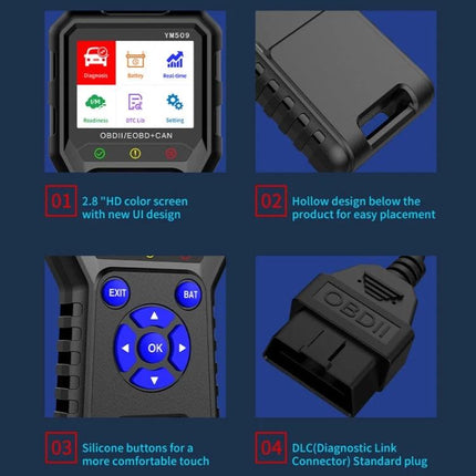 Practical Tool for Daily Car Maintenance and Roadside Checks OBD2 scanner with 2.8" HD color screen, silicone buttons and standard OBDII plug