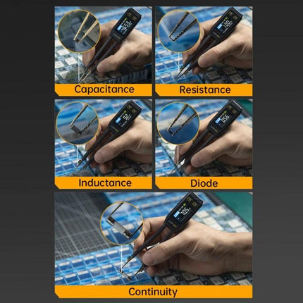 FNIRSI Digital Tweezers for Component Resistance and Capacitance Testing showing measurements of capacitance, resistance, inductance, diode and continuity