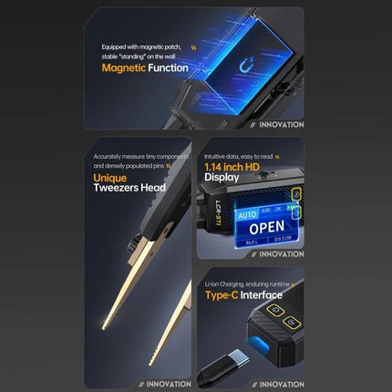 FNIRSI Digital Tweezers for Component Resistance and Capacitance Testing — compact tweezers with 1.14-inch HD display, magnetic mount, Type-C charging