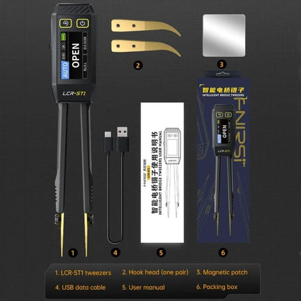 FNIRSI Digital Tweezers for Component Resistance and Capacitance Testing - kit layout with LCR-ST1 tweezers, hook heads, USB cable, manual and packaging