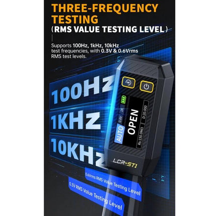 FNIRSI Digital Tweezers for Component Resistance and Capacitance Testing showing three-frequency testing (100Hz, 1kHz, 10kHz) for precise component measurement