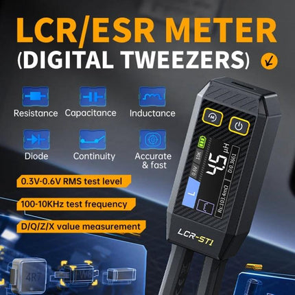 FNIRSI Digital Tweezers for Component Resistance and Capacitance Testing compact LCR/ESR meter showing resistance, capacitance, continuity and diode test modes