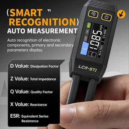 FNIRSI Digital Tweezers for Component Resistance and Capacitance Testing showing LCD readout measuring capacitance and impedance