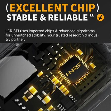FNIRSI Digital Tweezers for Component Resistance and Capacitance Testing photo showing circuit board and highlighted FNIRSI chip labeled 'Excellent Chip'