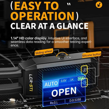 FNIRSI Digital Tweezers for Component Resistance and Capacitance Testing - 1.14" HD color display showing AUTO OPEN and intuitive UI for precise component testing