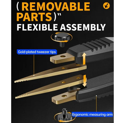 FNIRSI Digital Tweezers for Component Resistance and Capacitance Testing - gold‑plated removable tips and ergonomic measuring arm for precise component testing
