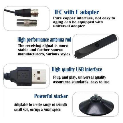 Indoor Digital TV Antenna for Local Channels with Amplifier showing IEC-to-F adapter, antenna rod, USB interface, and magnetic suction base