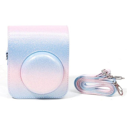 Colorful Starry Sky Protection Bag for Fujifilm Instax Mini 12 in pastel glitter PU with detachable rainbow strap, protects camera from scratches and dust