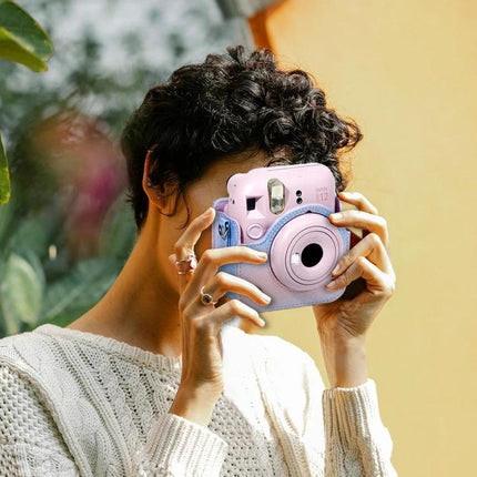 Colorful Starry Sky Protection Bag for Fujifilm Instax Mini 12 pink PU case shown on person holding Instax Mini 12 camera, protects from scratches and dust
