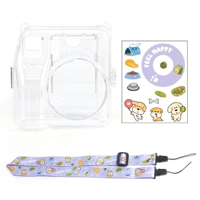 Crystal Protective Case Set for Fujifilm Instax Mini SE with Strap clear case, cute sticker sheet and purple camera strap