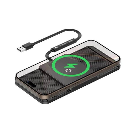 Car Wireless Charger Mat Anti Slip Silicone For Armrest on car armrest with phone showing wireless charging indicator, USB cable included