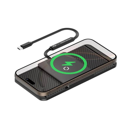 Car Wireless Charger Mat Anti Slip Silicone For Armrest on a car armrest with phone charging and USB-C cable