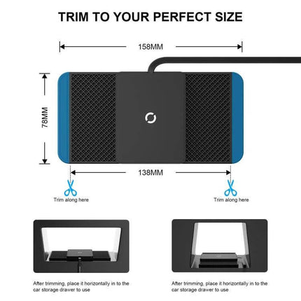 Car Wireless Charger Mat Anti Slip Silicone For Armrest shown trimmed to fit armrest with dimensions 158x78mm and instructions