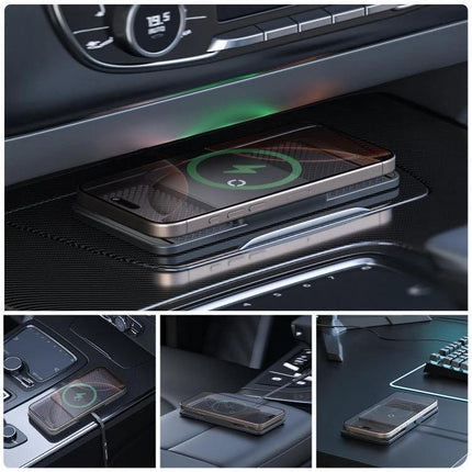 Car Wireless Charger Mat Anti Slip Silicone For Armrest shown holding phone on car armrest with anti-slip silicone surface for wireless charging