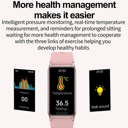 Essential Daily Health Tracker Bracelet for Active Lifestyles showing pink tracker with heart rate, temperature 36.5°C, pressure and activity reminders