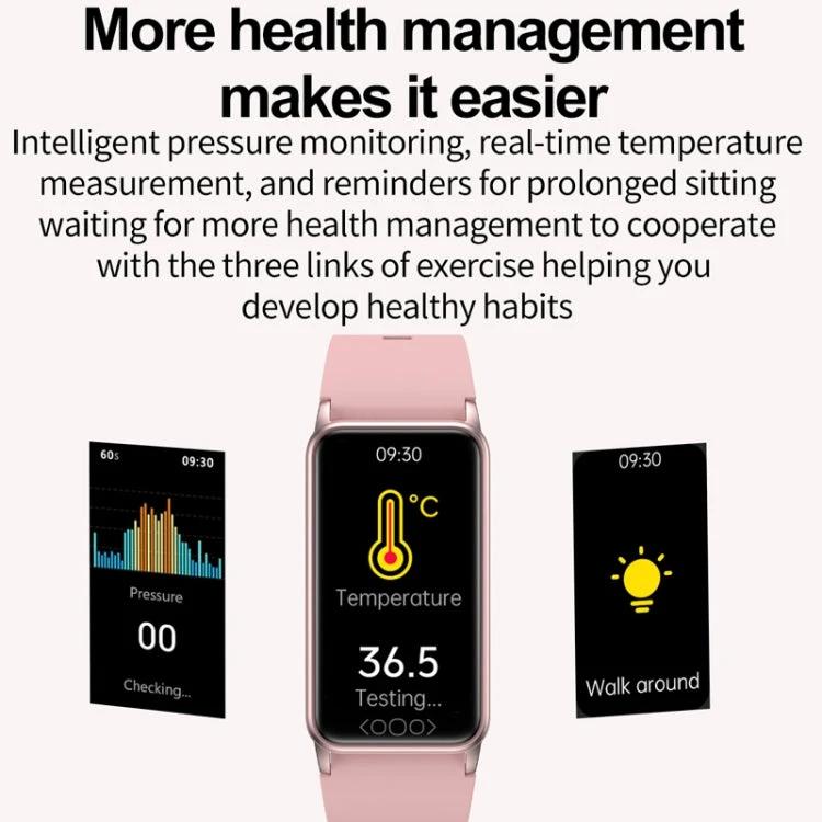 Essential Daily Health Tracker Bracelet for Active Lifestyles showing pink tracker with heart rate, temperature 36.5°C, pressure and activity reminders