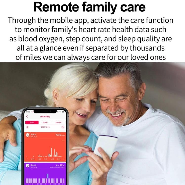 Essential Daily Health Tracker Bracelet for Active Lifestyles showing remote family care app with seniors viewing heart rate, blood oxygen, steps, and sleep data