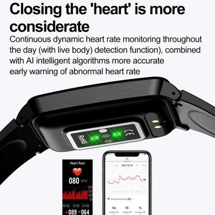 Essential Daily Health Tracker Bracelet for Active Lifestyles showing back sensors, 24-hour heart rate and SpO2 monitoring with smartphone app