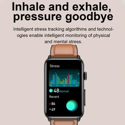 Watch for Everyday Health Monitoring and Daily Activities showing smartwatch stress tracking screen with heart rate and sleep indicators