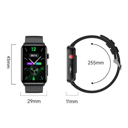 Watch for Everyday Health Monitoring and Daily Activities - black rectangular smartwatch with 45mm x 29mm display, 11mm thickness, 255mm strap