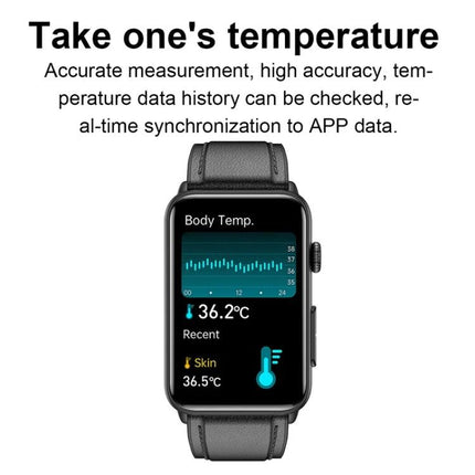 Watch for Everyday Health Monitoring and Daily Activities showing body temperature, heart rate graph and sleep tracking on a black smartwatch display