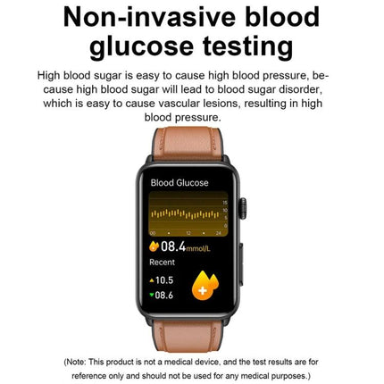 Watch for Everyday Health Monitoring and Daily Activities showing non-invasive blood glucose testing on brown strap smartwatch screen