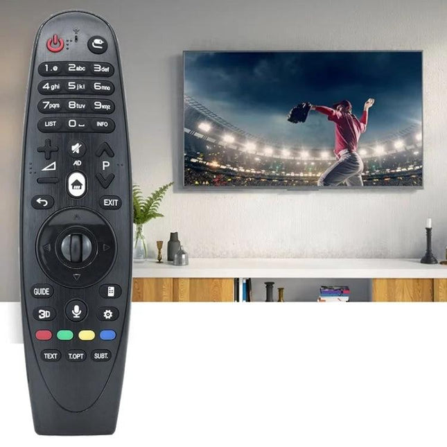 Universal Replacement Remote for LG Smart Televisions shown in front of wall-mounted TV with sports scene, black ABS wear-resistant remote control