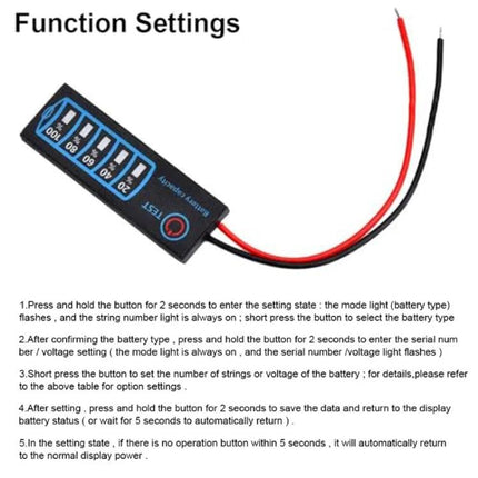 LED Display Board for Monitoring Battery Voltage and Electricity compact panel with red and black wires showing function settings and test button