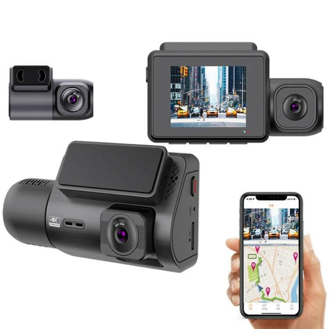 Versatile Three-Channel Dash Cam for Vehicle Monitoring and Recording showing front interior and rear cameras with 4K front and app playback