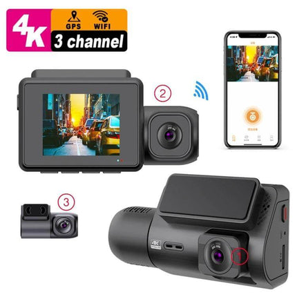Versatile Three-Channel Dash Cam for Vehicle Monitoring and Recording showing front, interior and rear cameras with smartphone app and 4K label