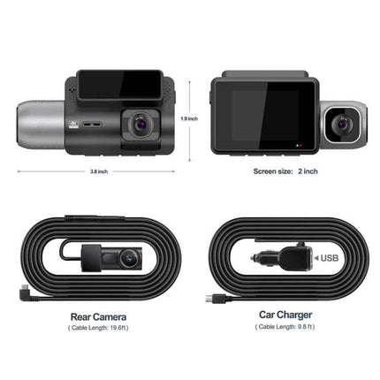 Versatile Three-Channel Dash Cam for Vehicle Monitoring and Recording showing front, rear and interior cameras with 4K front, 2" screen and accessories