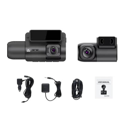 Versatile Three-Channel Dash Cam for Vehicle Monitoring and Recording showing front and rear cameras with mounting accessories and cables