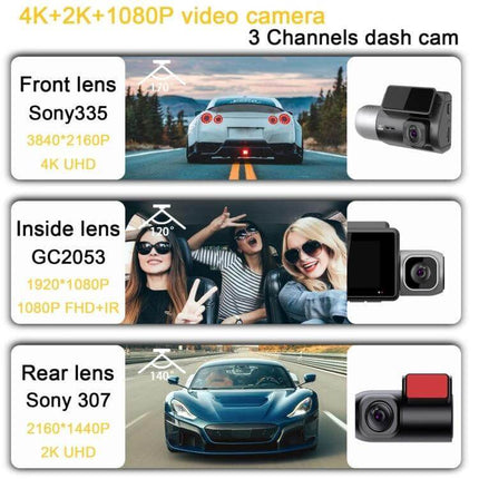 Versatile Three-Channel Dash Cam for Vehicle Monitoring and Recording showing front interior and rear 4K dash cam setup