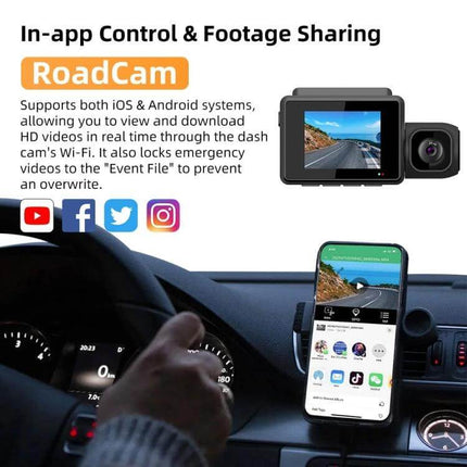 Versatile Three-Channel Dash Cam for Vehicle Monitoring and Recording showing in-app control and 4K front view playback on smartphone
