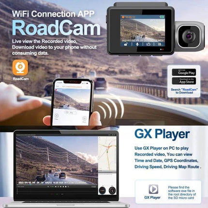 Versatile Three-Channel Dash Cam for Vehicle Monitoring and Recording showing 4K front, interior and rear views with app and GX Player