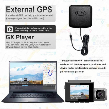 Versatile Three-Channel Dash Cam for Vehicle Monitoring and Recording external GPS module, GX Player laptop and dash cam display