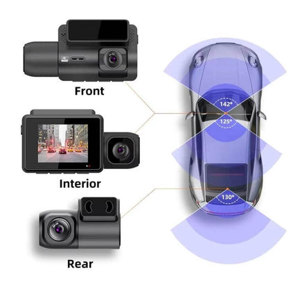 Versatile Three-Channel Dash Cam for Vehicle Monitoring and Recording showing front, interior, and rear 4K coverage and viewing angles